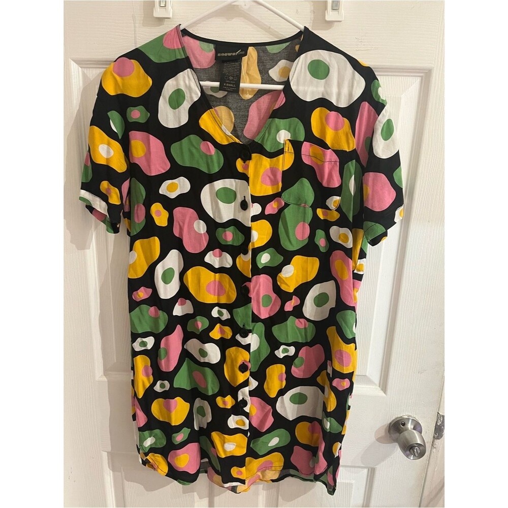 Nooworks Mini Shirt Dress Black Egg Print Tunic Button Front Coverup size XS